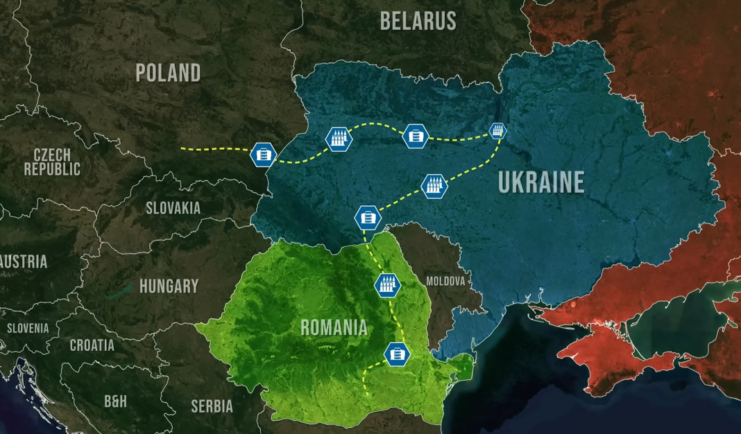 Europe map with logistics new route for Ukraine's war