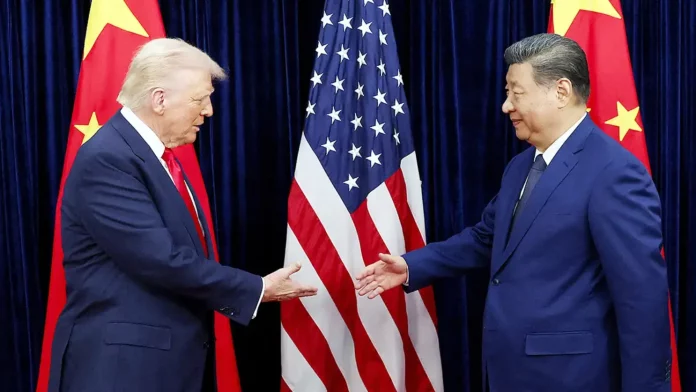 Trump and Xi shaking hands trump-and-xi-shaking-hands-with-flags-in-background