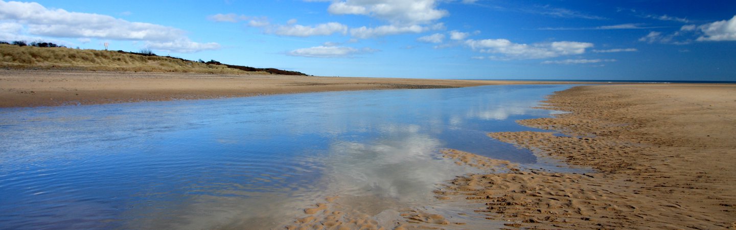 Alnmouth Esturay at low tide with the river running into the North Sea Gail Johnson
