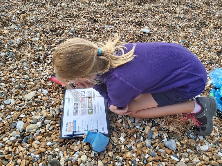 Filling in the litter survey during the Great British Beach Clean 2020 Kate Whitton