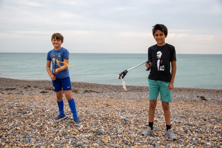 Children litter picking at the Great British Beach Clean on Rottingdean beach 2020 Billy Barraclough