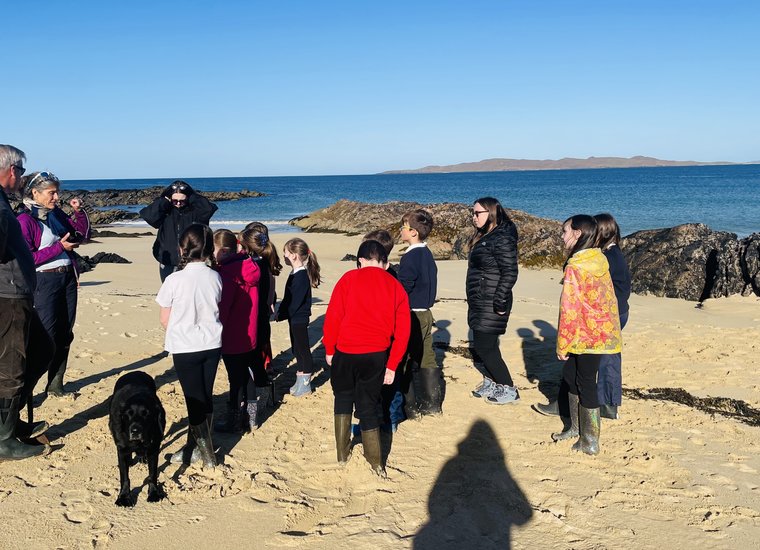 Pupils on the beach at Leverhulme Memorial Primary School/Sgoil an t-Òib on the Isle of Harris