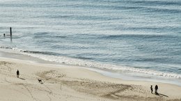People walking on beach calm waves