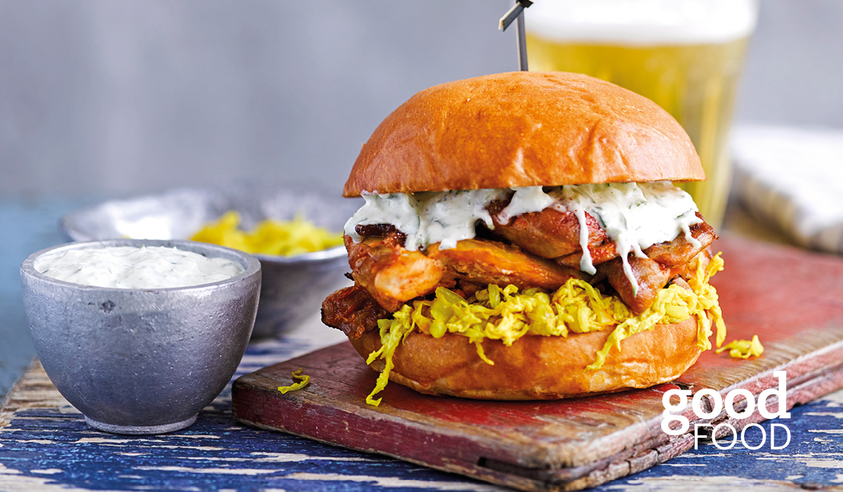 Sriracha-glazed chicken burger with pickled cabbage