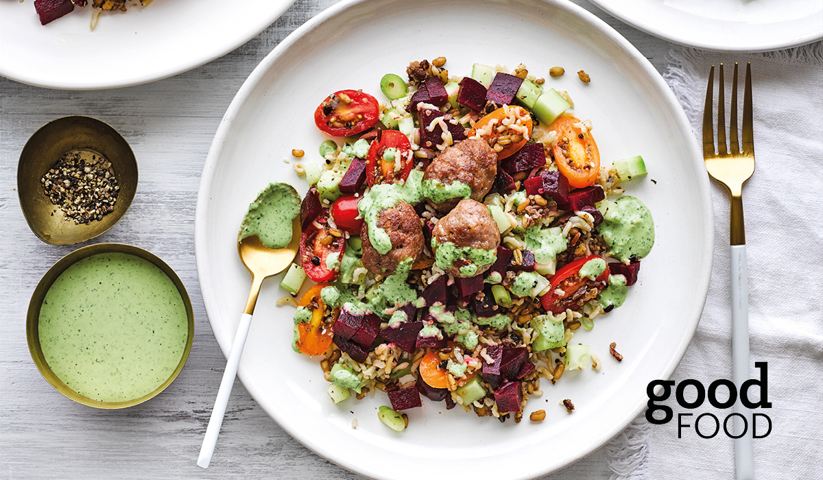 Lamb meatballs & green tahini tabbouleh