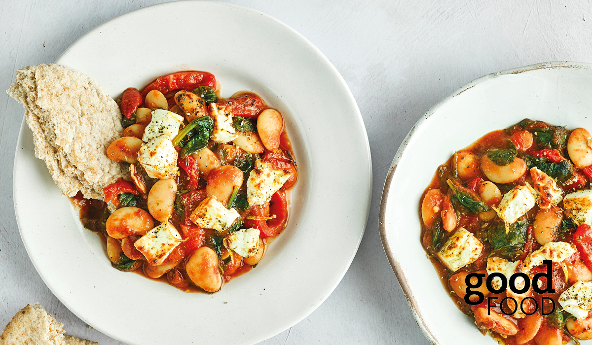 Crispy grilled feta with saucy butter beans