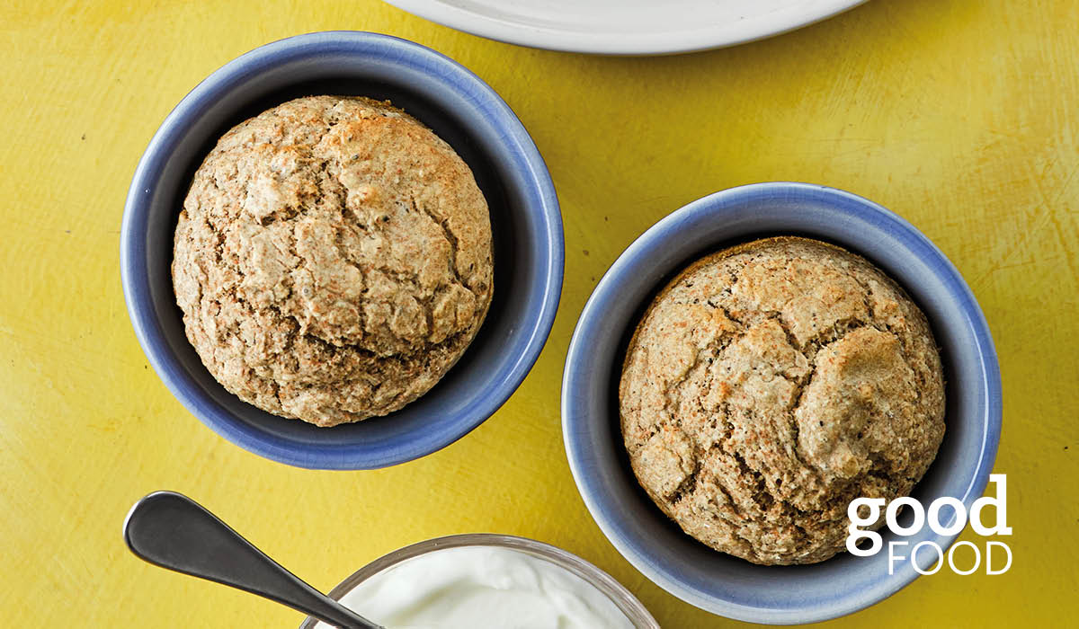 Chia & oat breakfast scones with yogurt and berries