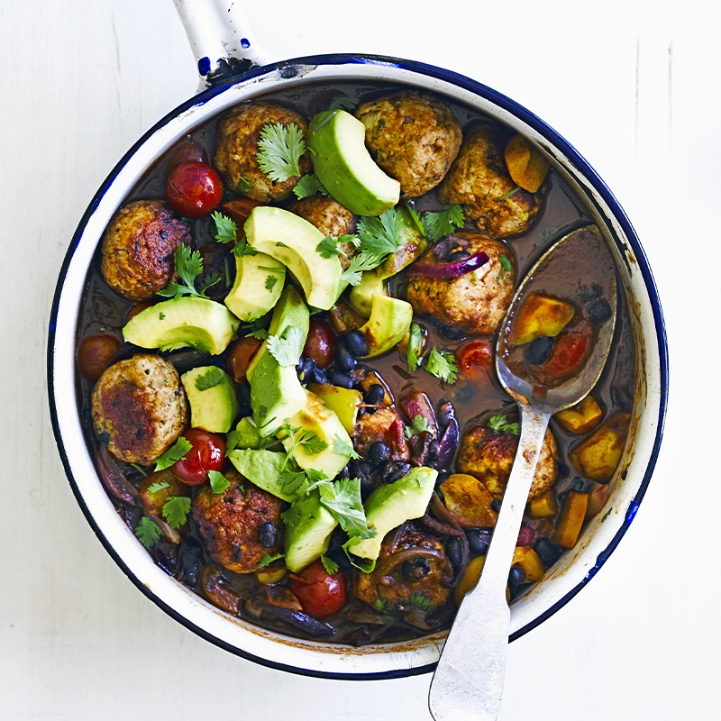 Spicy meatballs with chilli black beans