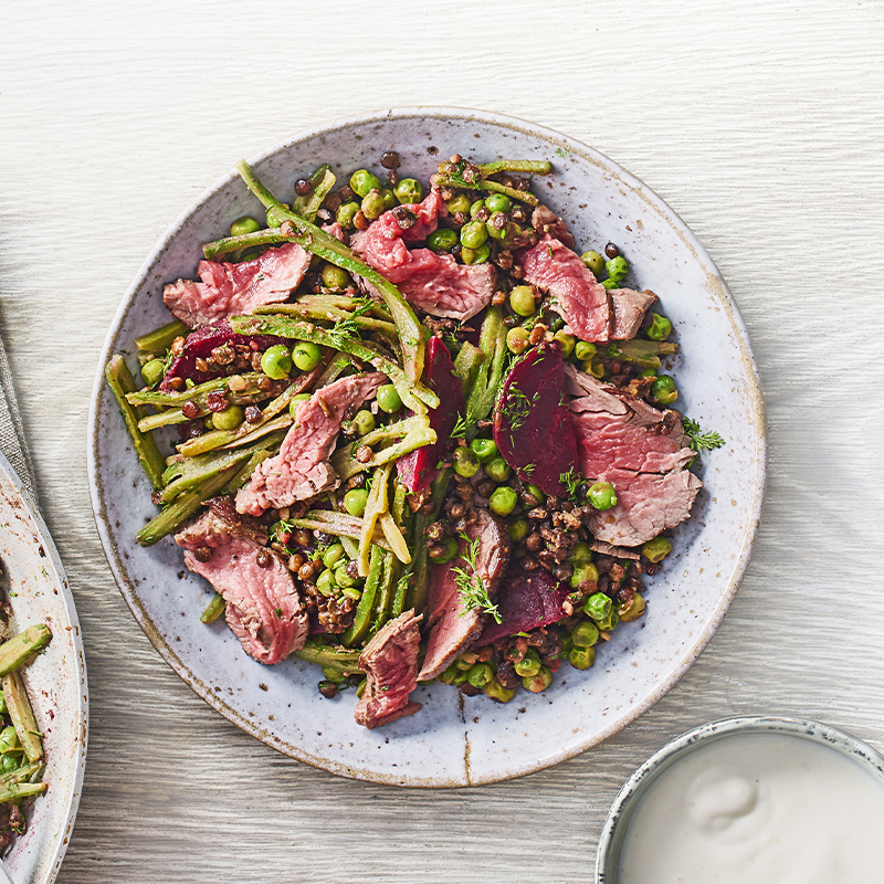 Steak, beetroot, horseradish & warm lentil salad