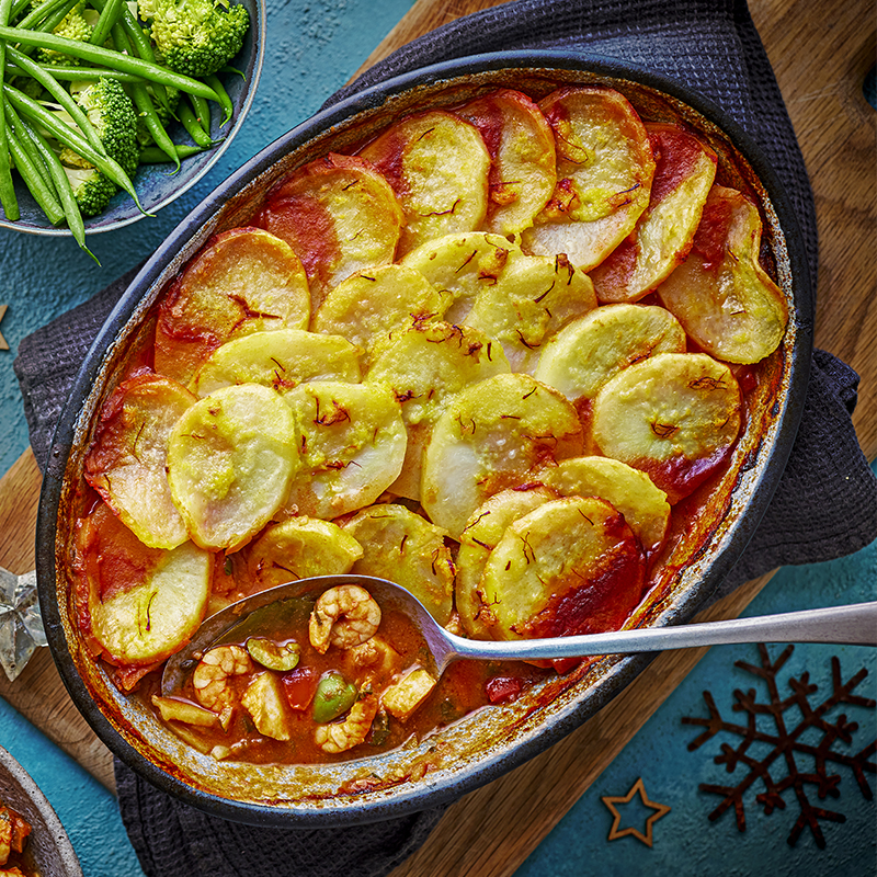 Cod & prawn pie with saffron potatoes