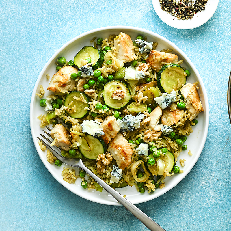 Chicken, leek & blue cheese pilaf
