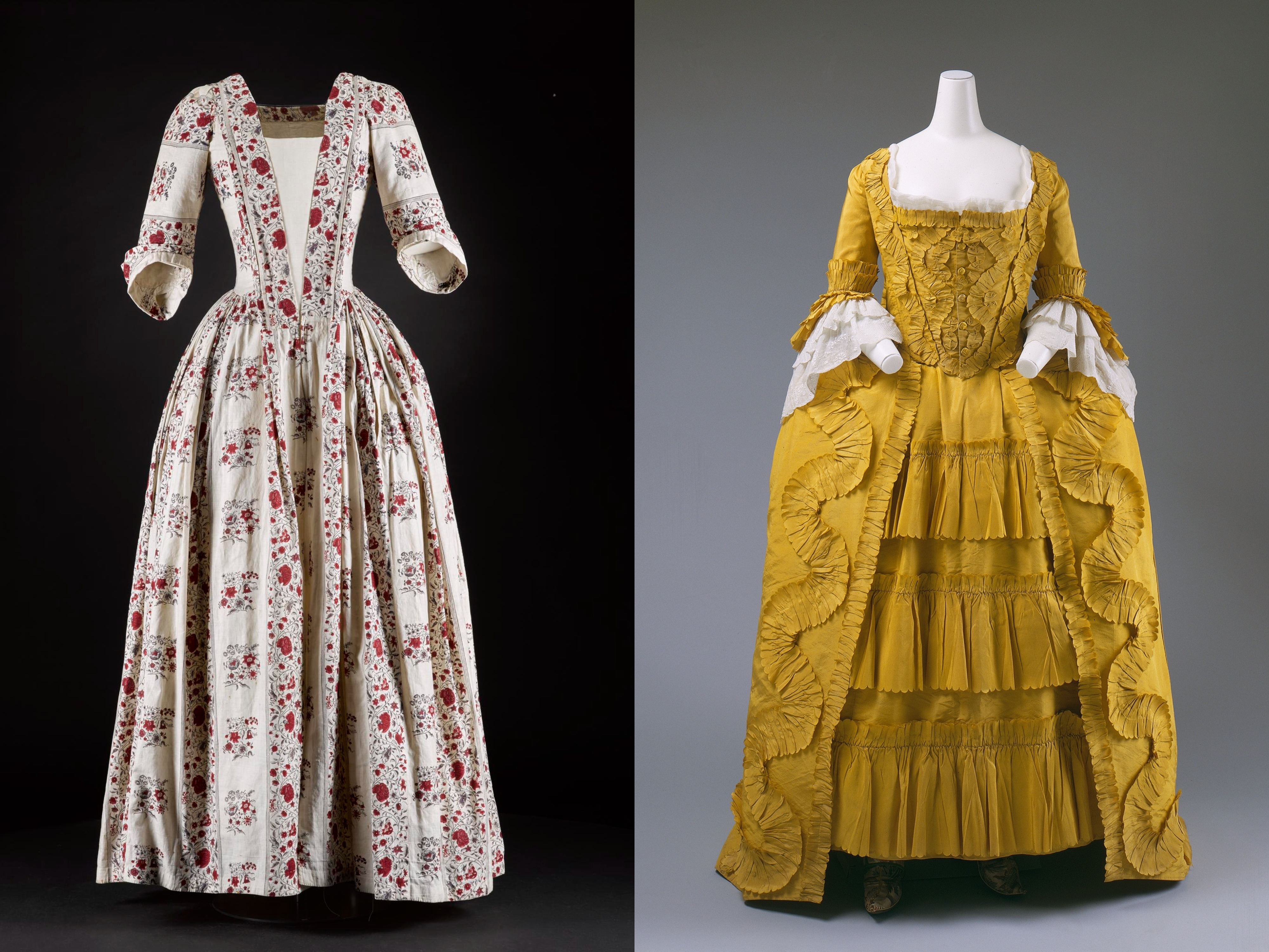 An image of two gowns, one from the MET Museum (right) in yellow and the other from the National Museum of Scotland (left) in white with red flowers on.