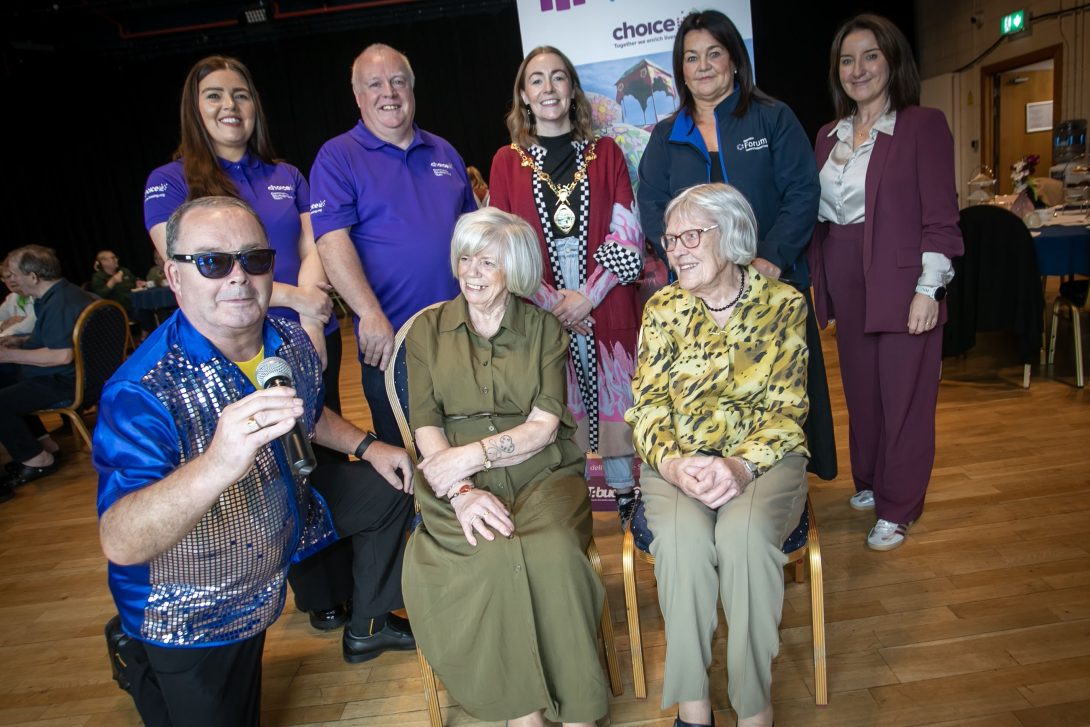 The Mayor, Grace Ui Niallais pictured at the Millennium Forum on Thursday for the Dementia-Friendly Tea Dance. At front, crooner Dougie Breslin is with Kathleen Kyle and Peggy Moore. Back from left are Ciara McKeever and Mark Kent, Choice Housing, and Lisa Heaney and Cara McCartney, Millennium Forum. (Photos: Jim McCafferty Photography)