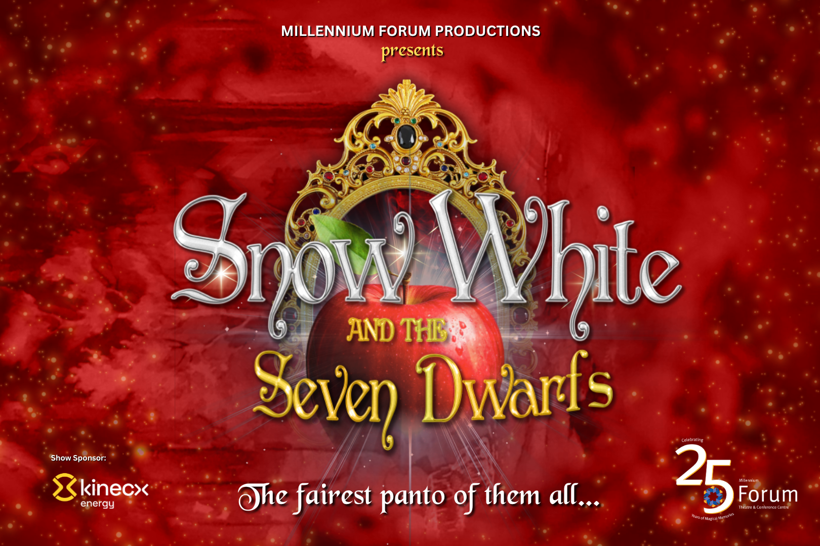 A theatrical poster for "Snow White and the Seven Dwarfs" with a red apple and ornate golden mirror on a red, starry background. Festive and magical tone. in the centre is Silver Text reading 'Snow White' under that in gold text is 'and the seven dwarfs'
