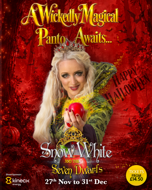 Halloween-themed Snow White and the Seven Dwarfs artwork featuring the Wicked Queen holding a red apple, surrounded by bats and a red enchanted forest. Text reads: “A Wickedly Magical Panto Awaits…”, 27th Nov to 31st Dec, tickets from £14.50.