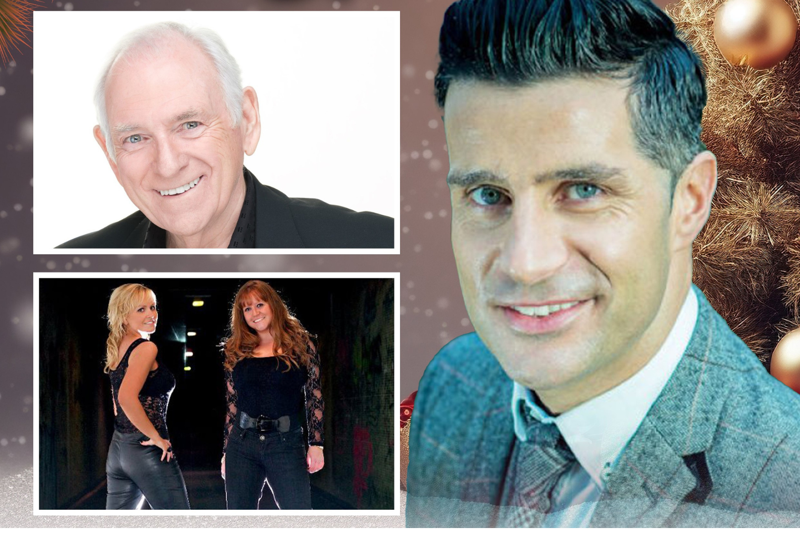 Promotional image for a festive show starring John McNicholl. On the right, John is pictured smiling in a grey checked suit with a white shirt, set against a seasonal background with Christmas baubles. To the left, a photo of special guest Hugo Duncan is shown — he is smiling and dressed in a black shirt with a white background. Below that, a dynamic photo of The Benn Sisters features them in stylish black outfits, standing confidently in a moody, spotlight-lit setting. The overall design suggests a Christmas-themed concert with music, charm, and well-known Irish performers.