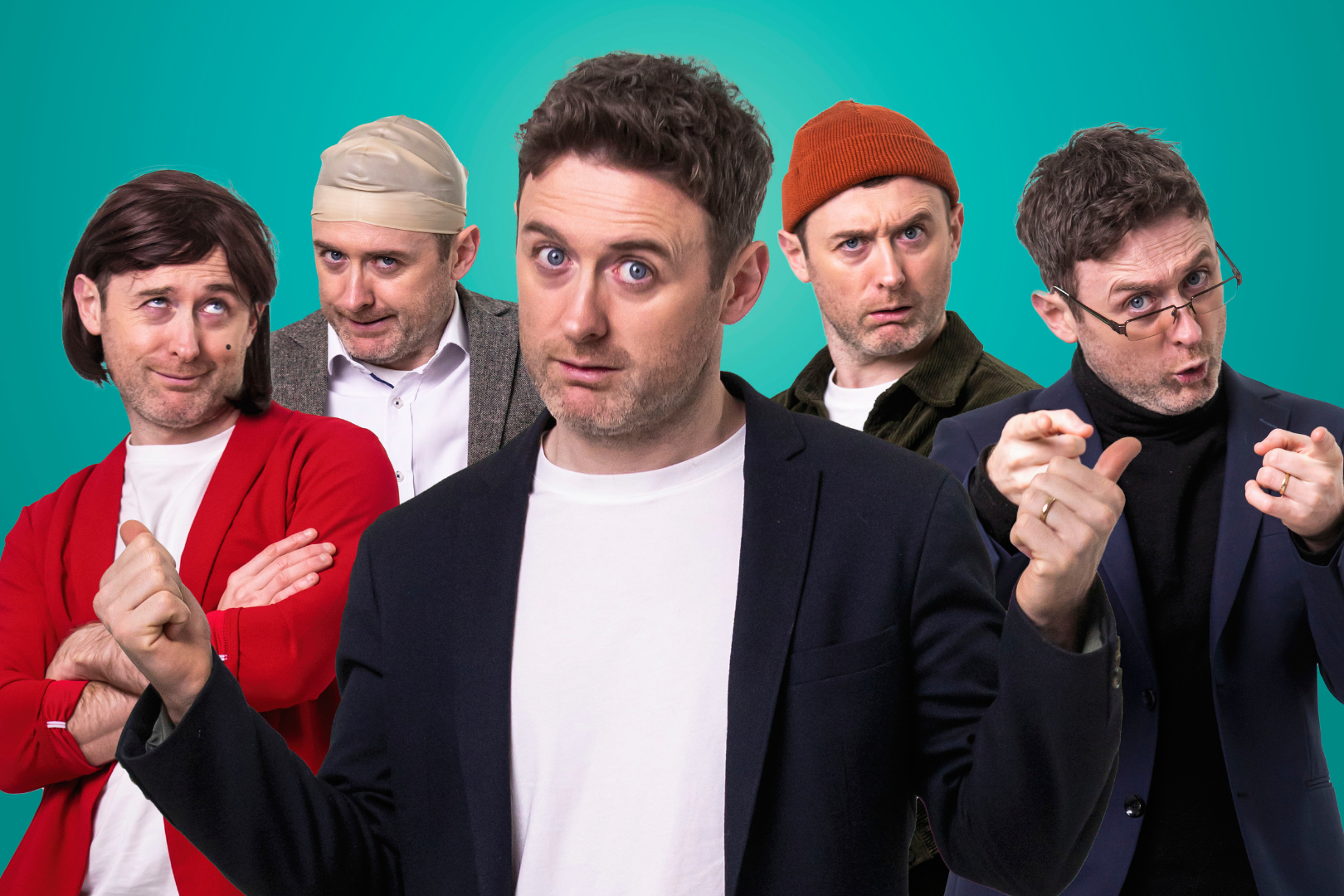 Promotional image of Irish impressionist and comedian Conor Moore. He appears in the centre wearing a blazer and white T-shirt, gesturing with both hands in a playful, confident pose. Surrounding him are four comedic characters he portrays, each styled differently: one in a red cardigan and wig, one with a bandaged head, one in a beanie hat looking suspicious, and one in glasses pointing dramatically. The bright teal background and expressive characters reflect his talent for impersonations and high-energy sketch comedy.