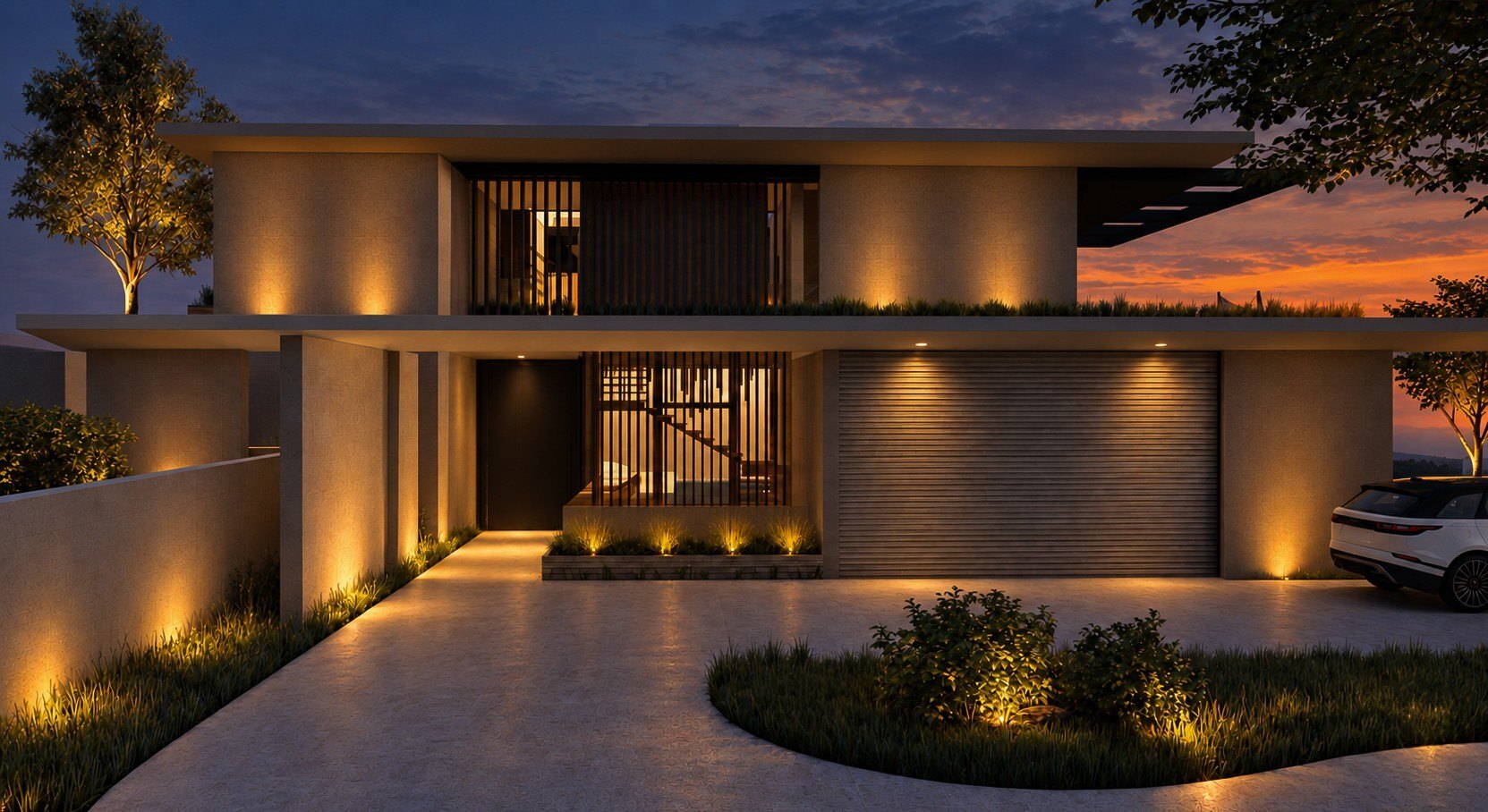AI generated concept visual, based on our 3D model, of the entrance of a modern villa at dusk, with uplit planting, wall washed walls, warm downlights over the entrance and garage and a softly lit path