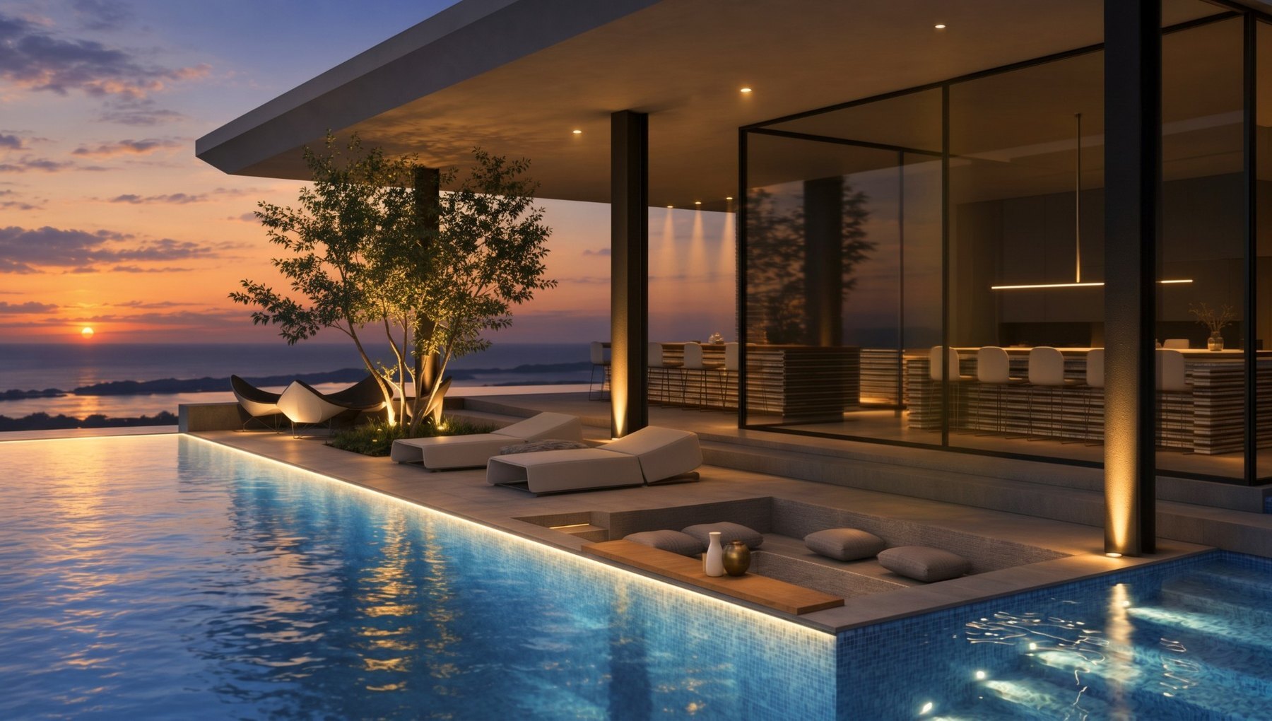 AI generated concept visual, based on our 3D model, of a modern villa terrace in Cyprus at sunset, with a softly lit infinity pool edge, an uplit tree, warm downlights under the roof overhang and lit glazing, looking out to the sea