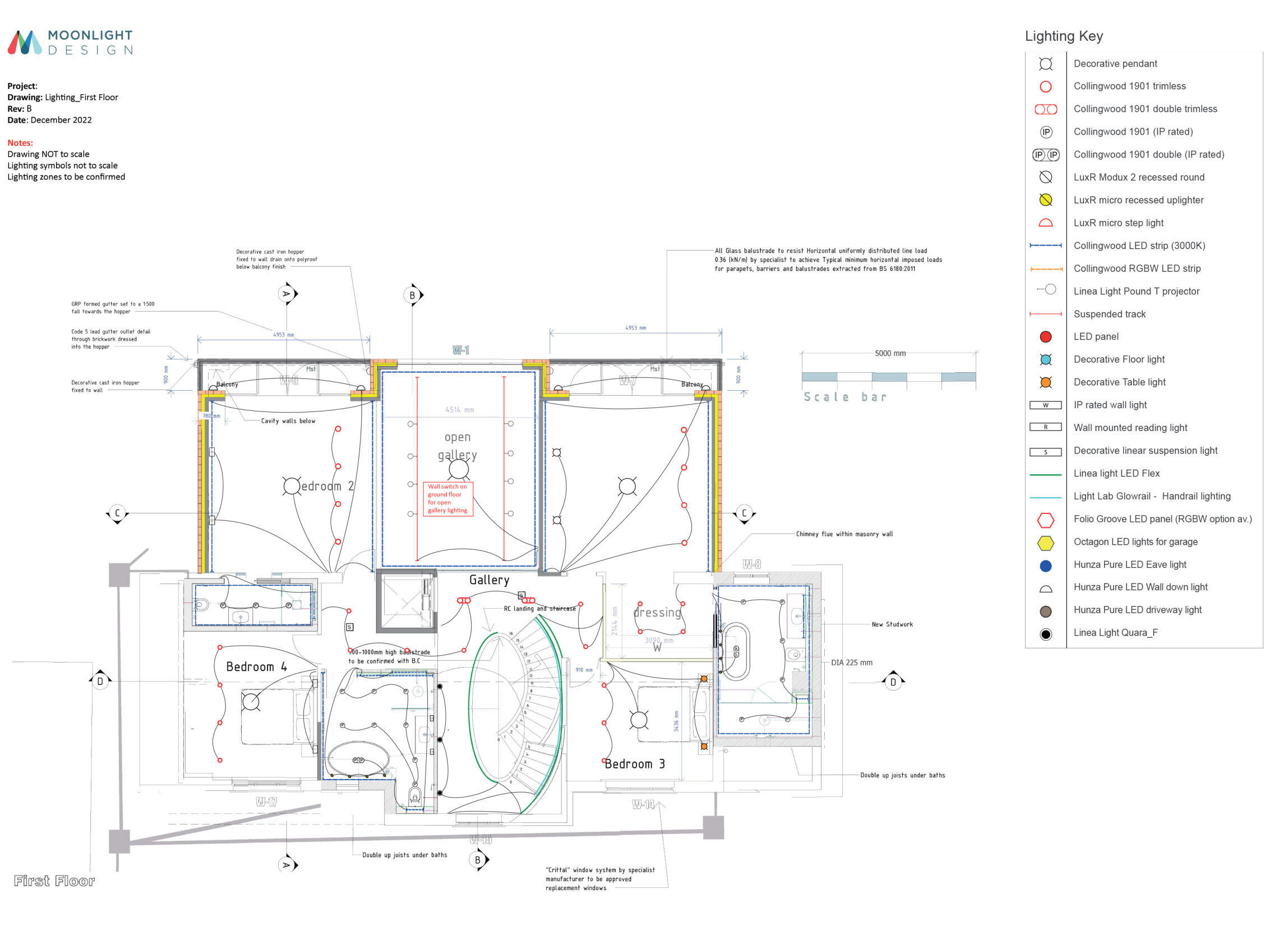 Moonlight Design first floor lighting plan showing bedrooms, gallery and bathrooms with a lighting symbol key