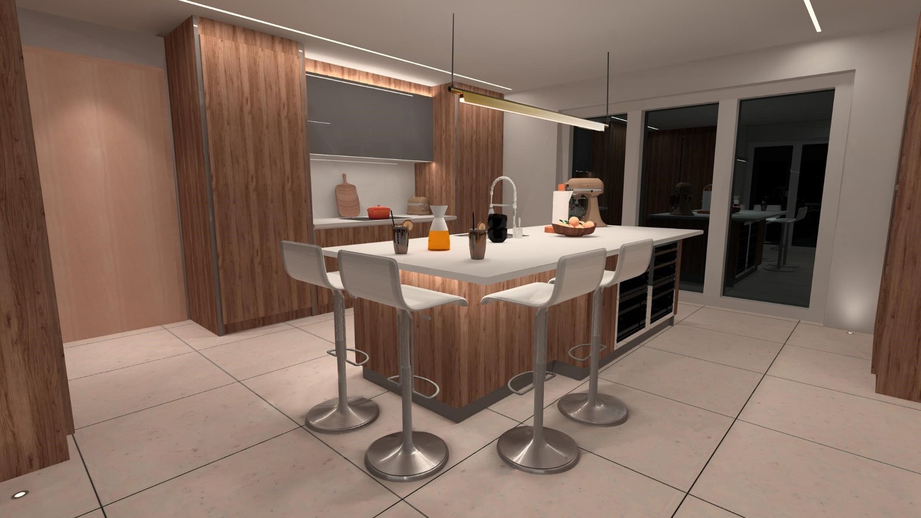 3D lighting visualisation of a kitchen at night by Moonlight Design, with a linear pendant over the island, lit cabinet recess, under cabinet strip, floor uplights and ceiling LED lines, rendered from real photometric data