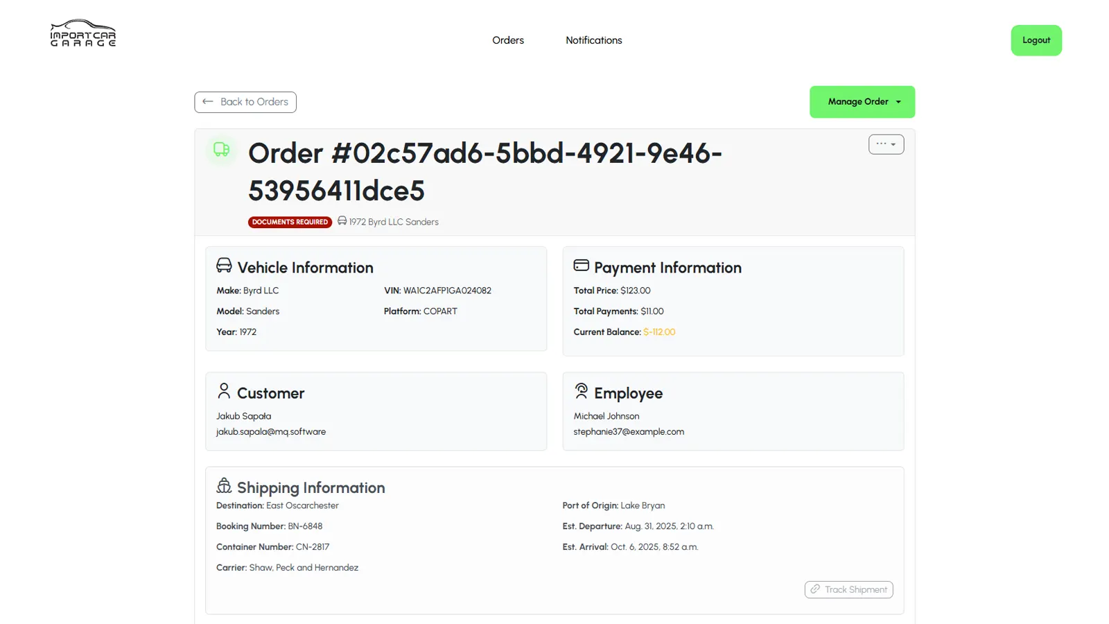 Details of the order