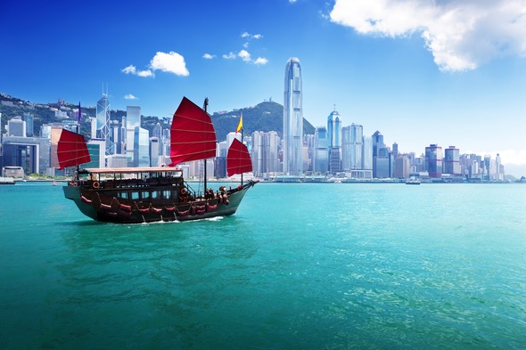 Hong Kong boat and city skyline