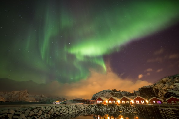 Aurora Borealis over Mortsund Harbour near Leknes, Norway