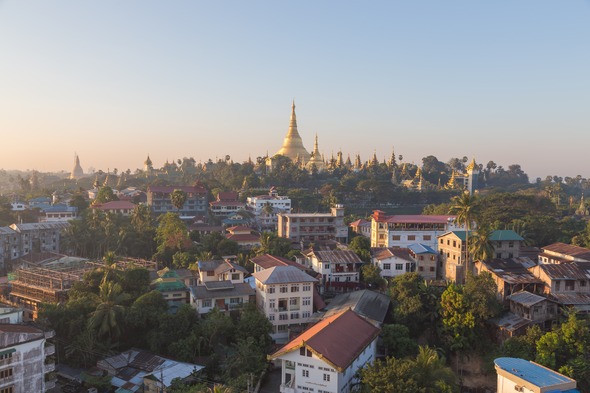 Sunrise over Shwedagon Pagoda in Yangon, Myanmar (Burma)