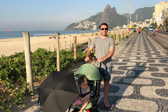 Alex and daughter Sophia on Ipanema Beach, Rio de Janeiro