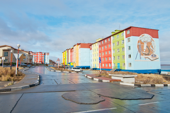 Brightly coloured buildings in Anadyr, Russia