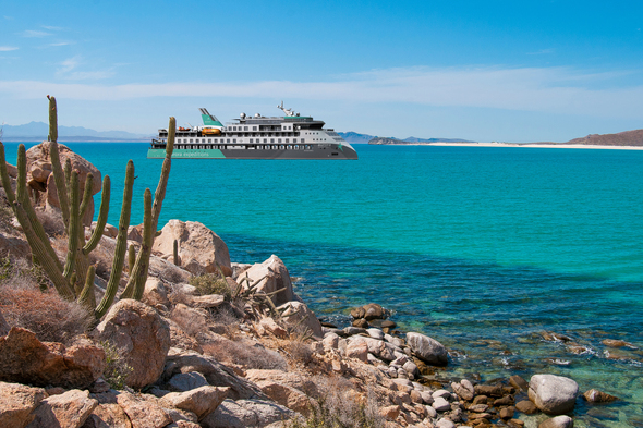 Rendering of the Sylvia Earle, Aurora Expeditions' new ship, cruising Baja California and the Sea of Cortez