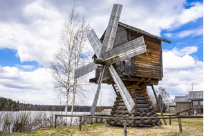 Wooden windmill in Mandrogi, Russia