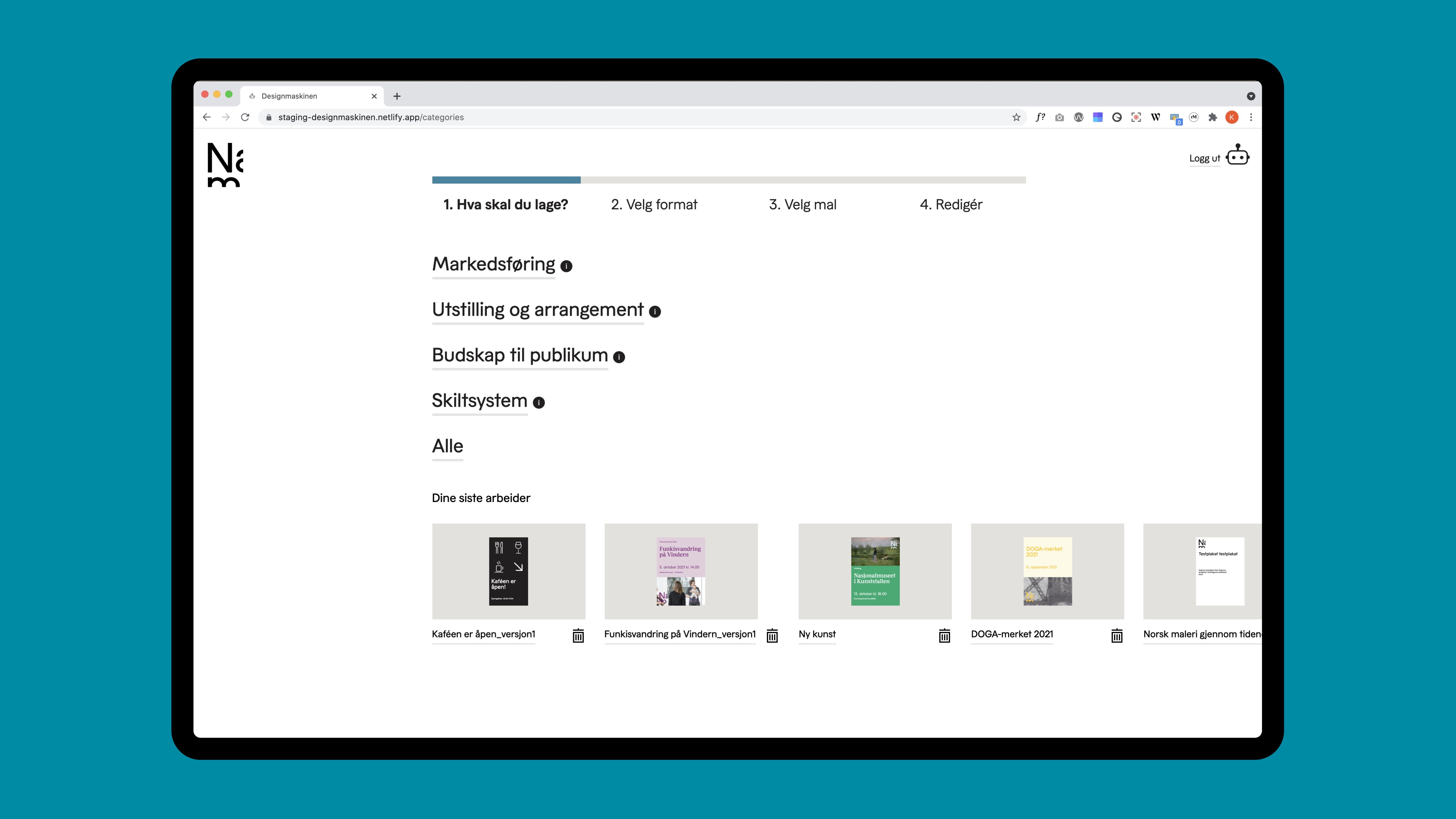 Skjermbilde fra designmaskingen hvor man kan velge kategori