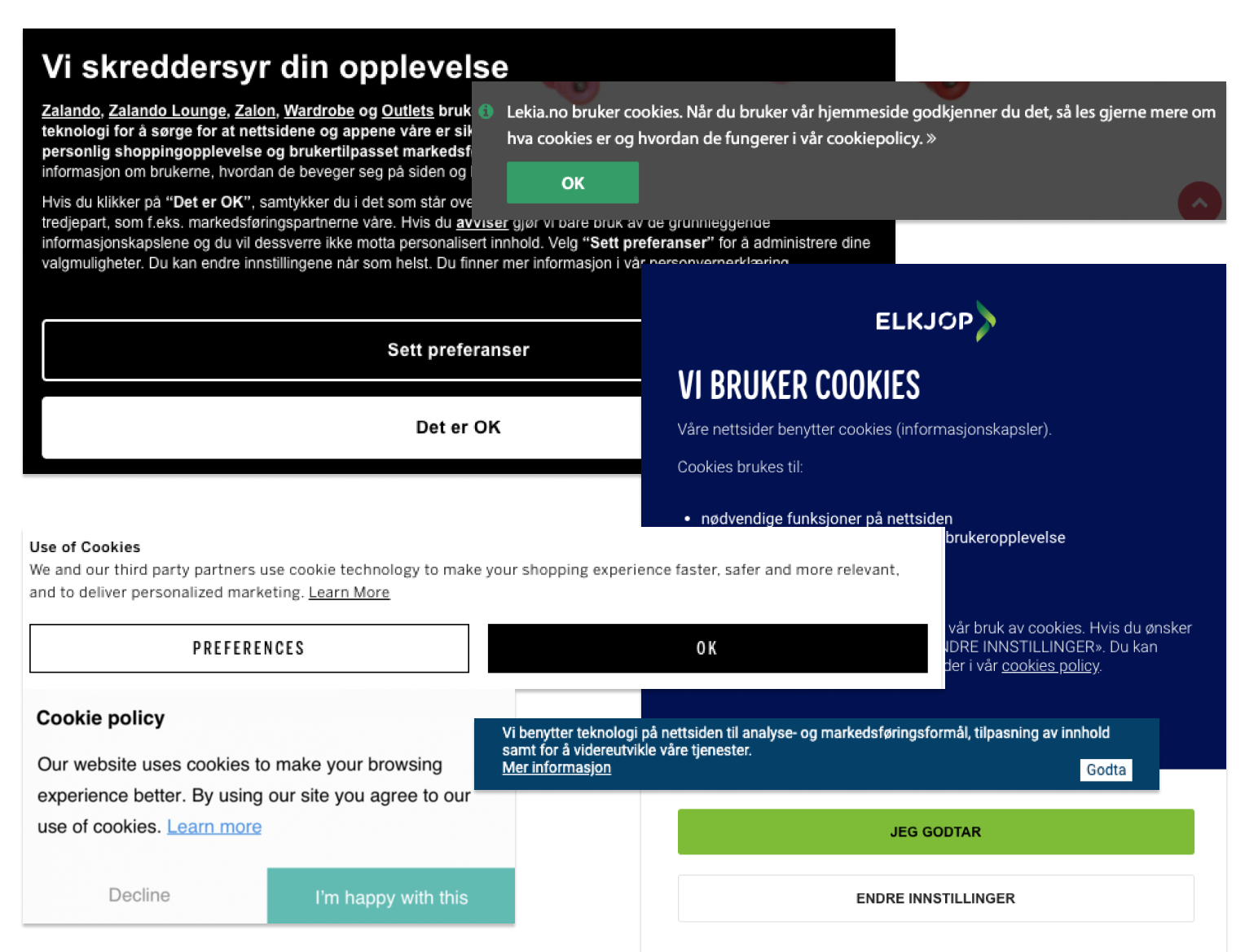 Eksempler på cookie-varsler fra tilfeldig utvalgte nettsider