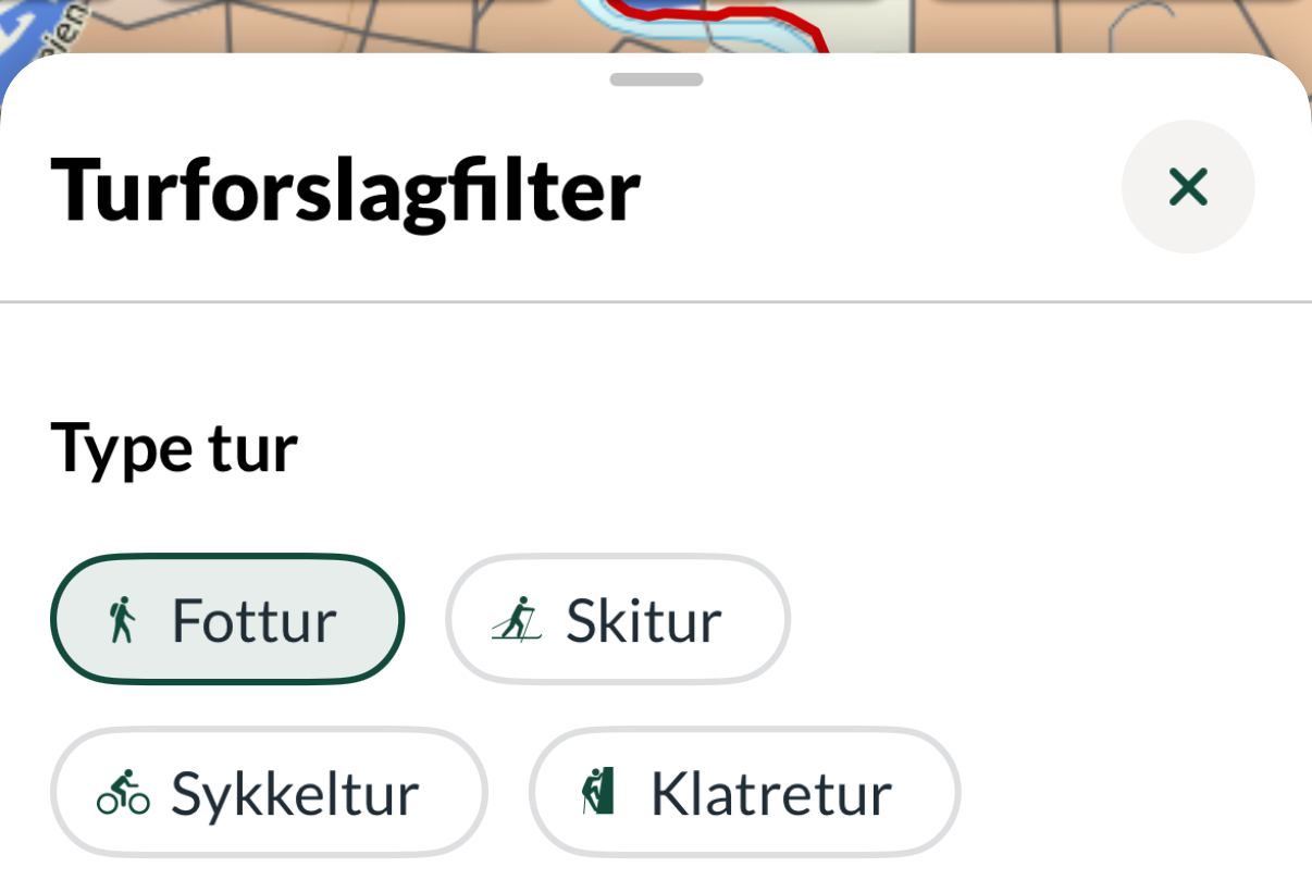 Skjermbilde fra UT-appen med et flervalgs-filter for