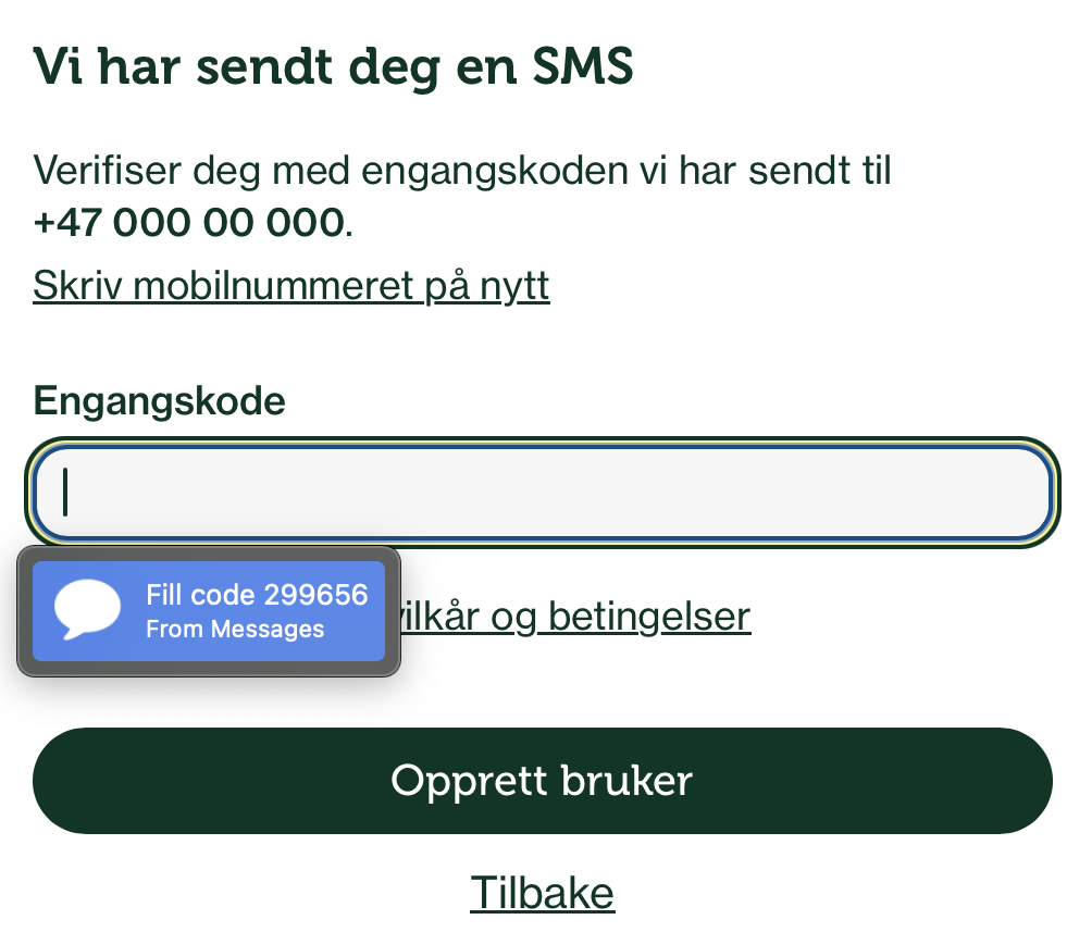 Et skjemafelt for å fylle ut engangskode fra en SMS. Feltet viser et forslag om å automatisk bruke koden fra en SMS