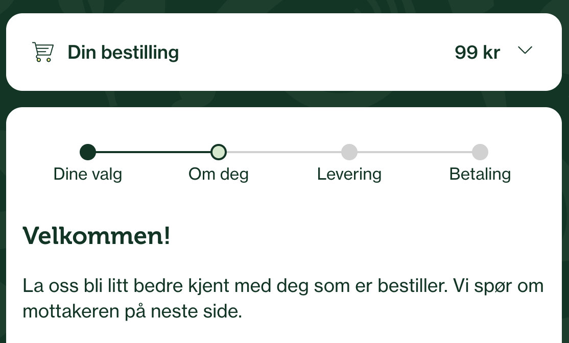 Et skjema med en progresjonsindikator og et område som viser handlekurven