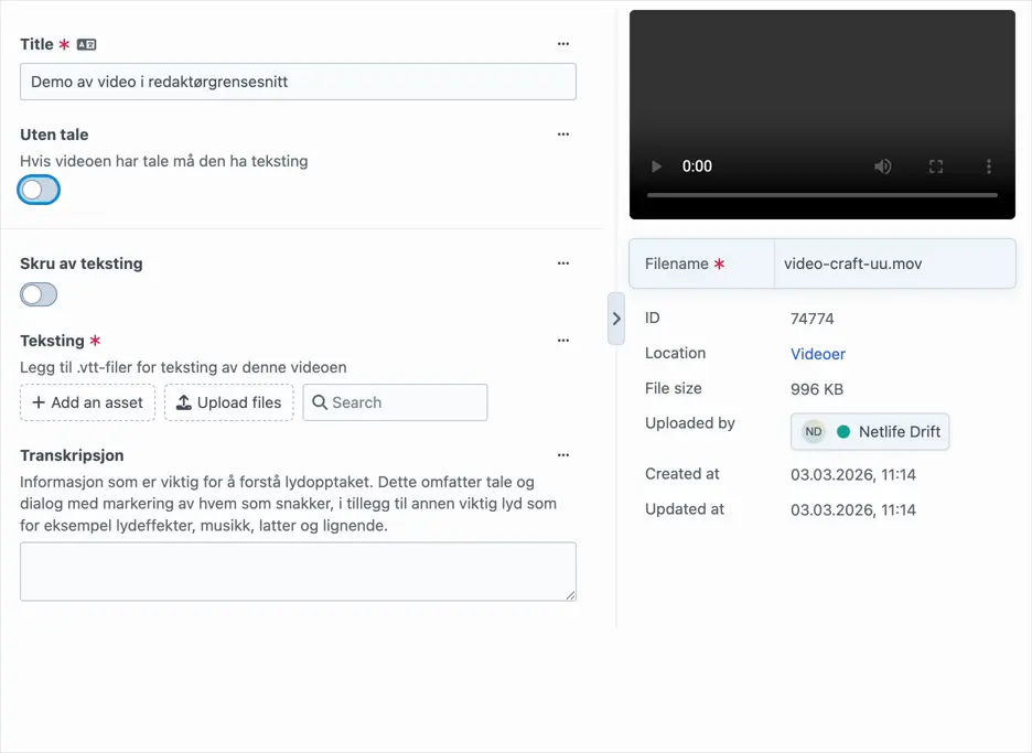 Skjermopptak av et videofelt i et forfatterverktøy hvor redaktøren må huke av at en video er uten tale og ikke har tekst i bildet for at kravet om teksting skal forsvinne