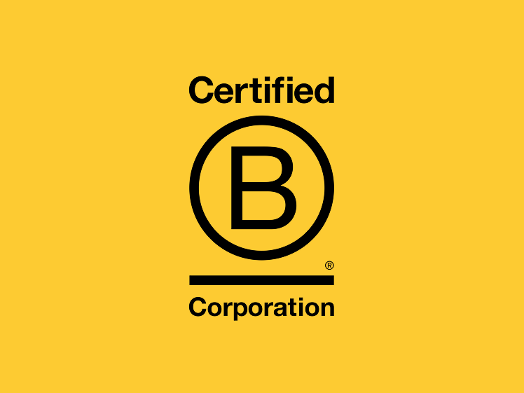 B-Corp certification logo on a yellow background.