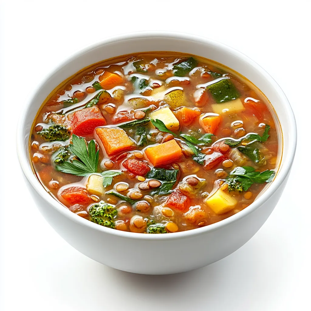 Hearty Vegetable and Lentil Soup — plated and ready to serve