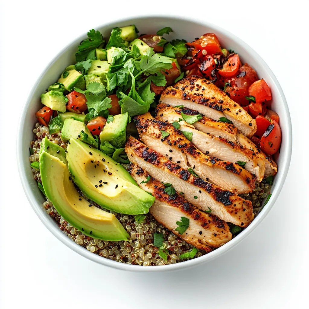 Mediterranean Quinoa Bowl with Avocado and Grilled Chicken