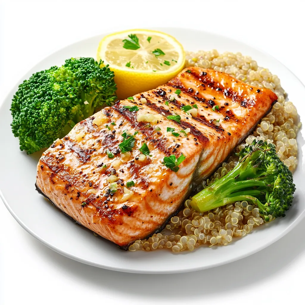Grilled Lemon Garlic Salmon with Quinoa and Broccoli
