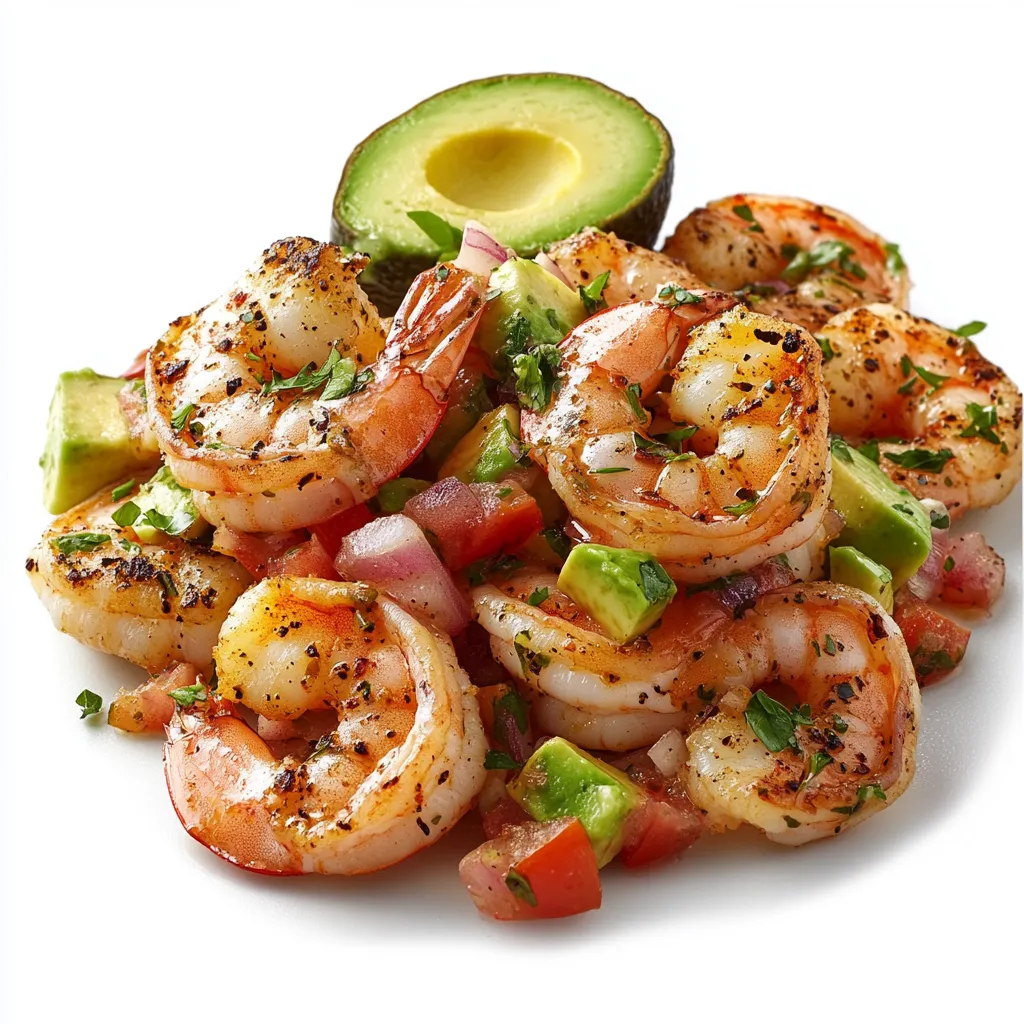 Grilled Lemon Herb Shrimp with Avocado Salsa — plated and ready to serve