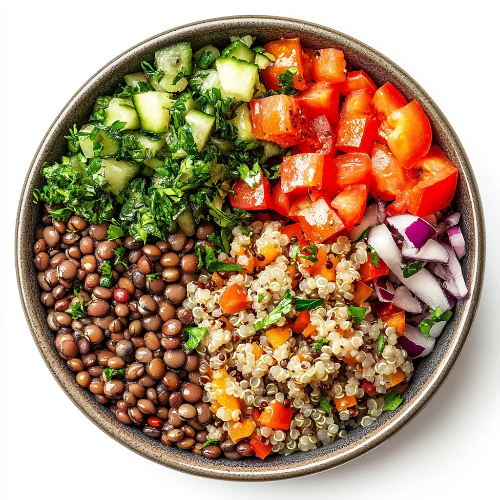 Mediterranean Lentil and Quinoa Power Bowl — plated and ready to serve