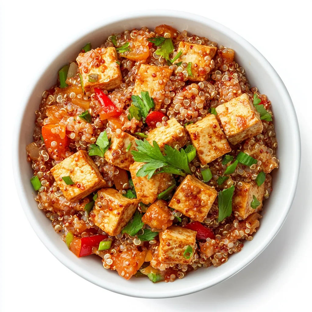 Spicy Tofu and Quinoa Stir Fry — plated and ready to serve