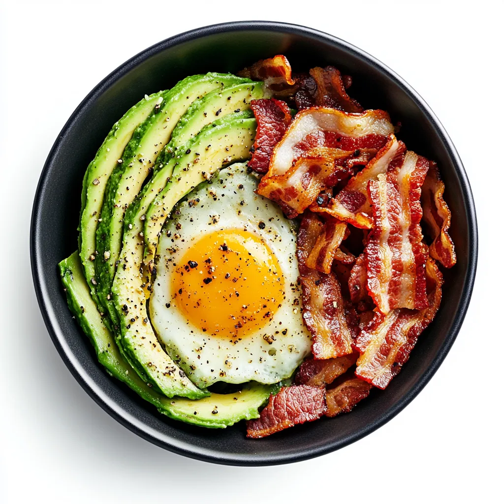 Avocado and Bacon Keto Breakfast Bowl — plated and ready to serve