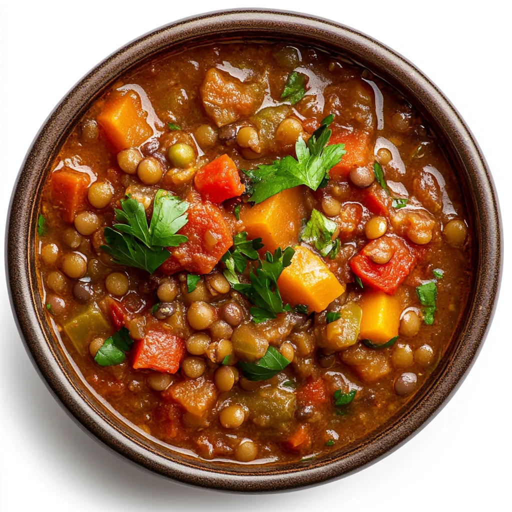 Moroccan Lentil and Vegetable Stew — plated and ready to serve