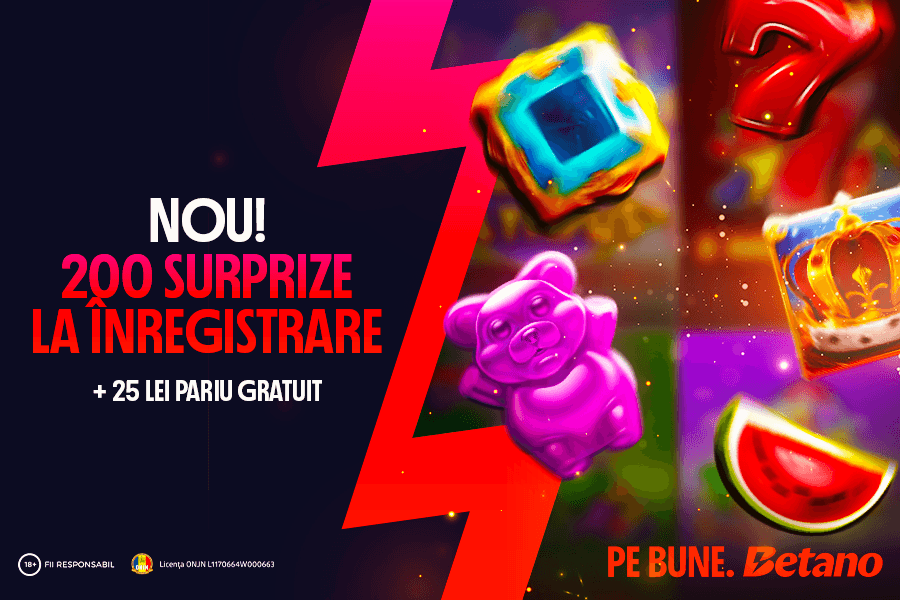 Betano bonus la inregistrare 2026 - 200 rotiri gratuite si 25 lei pariu gratuit