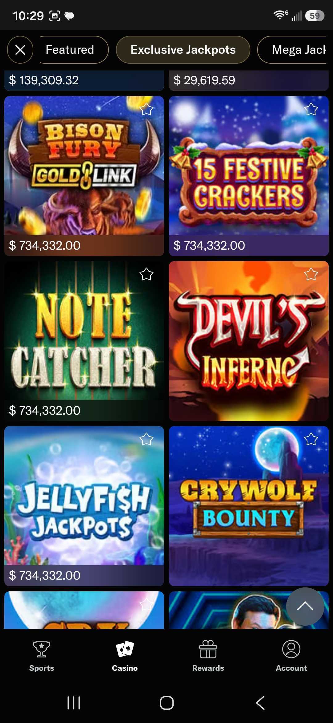 BetMGM Casino mobile app Exclusive Jackpots screen with VIP-access jackpot slots